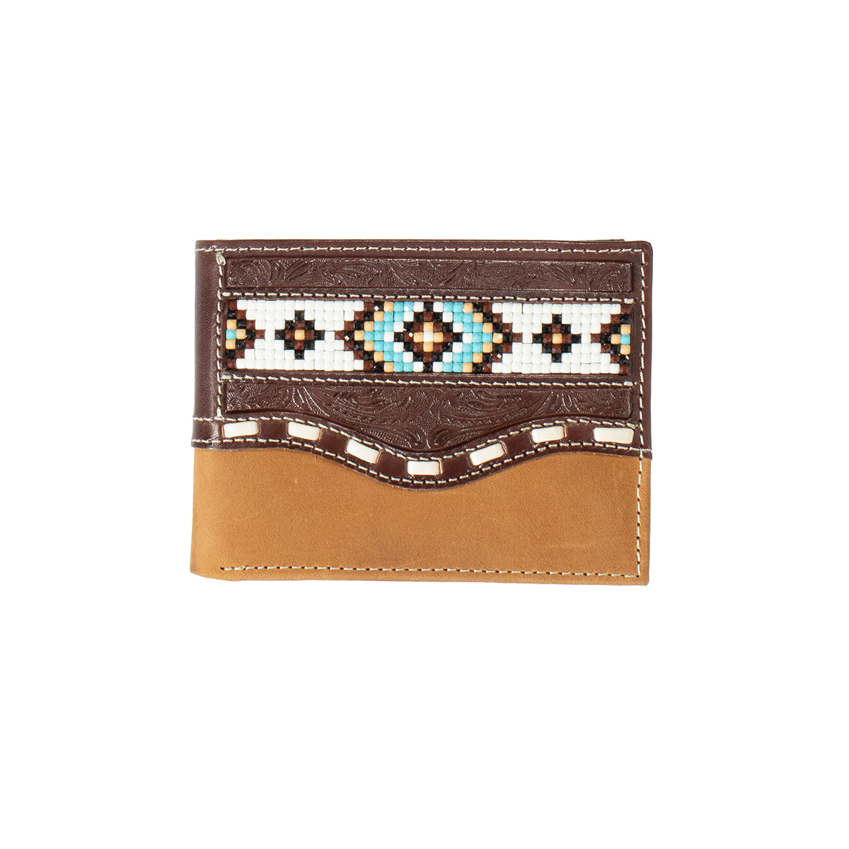 Nocona Men's Bifold Wallet - Brown w/Beaded Inlay & Buck Lacing