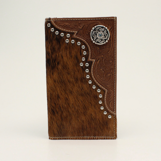 Nocona Men's Calf Hair Floral Tooled w/Round Concho Rodeo Wallet - Brown