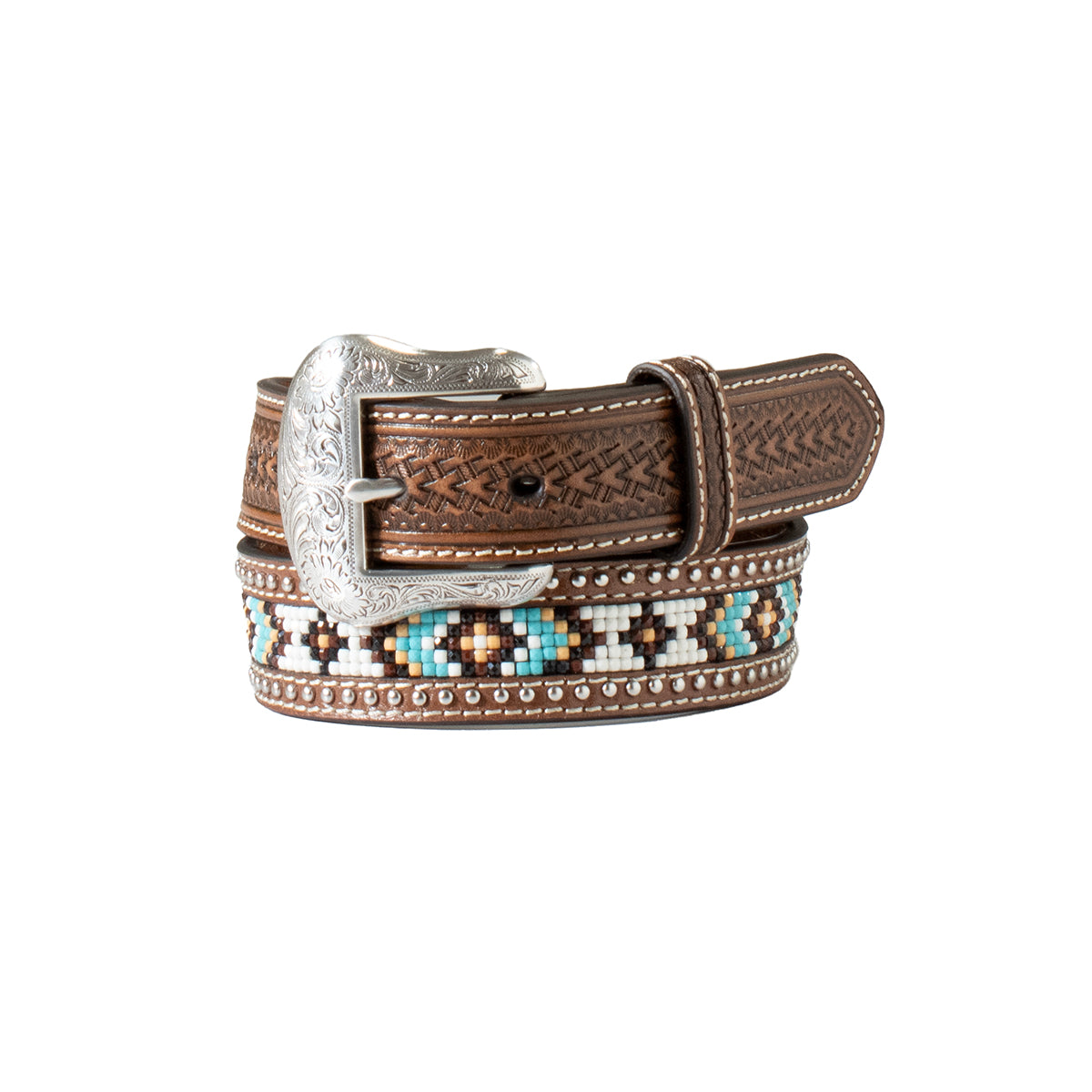 Nocona Boy's Arrow & Basket Weave Beaded Inlay Belt - Brown