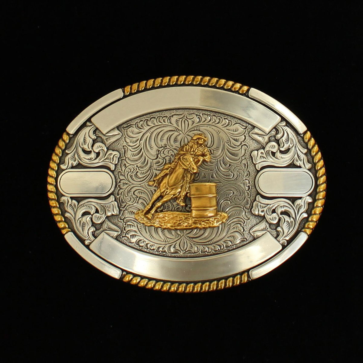 Crumrine Oval Barrel Racer Engraveable Trophy Buckle - Antique Silver/Gold