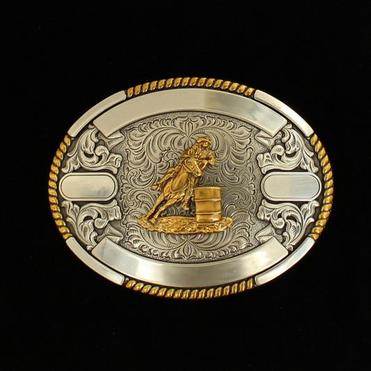 Crumrine Oval Barrel Racer Engraveable Trophy Buckle - Antique Silver/Gold