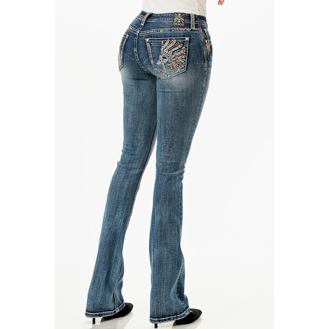 Grace in LA Women's Indian Embellished Midrise Bootcut Jeans- Medium Wash