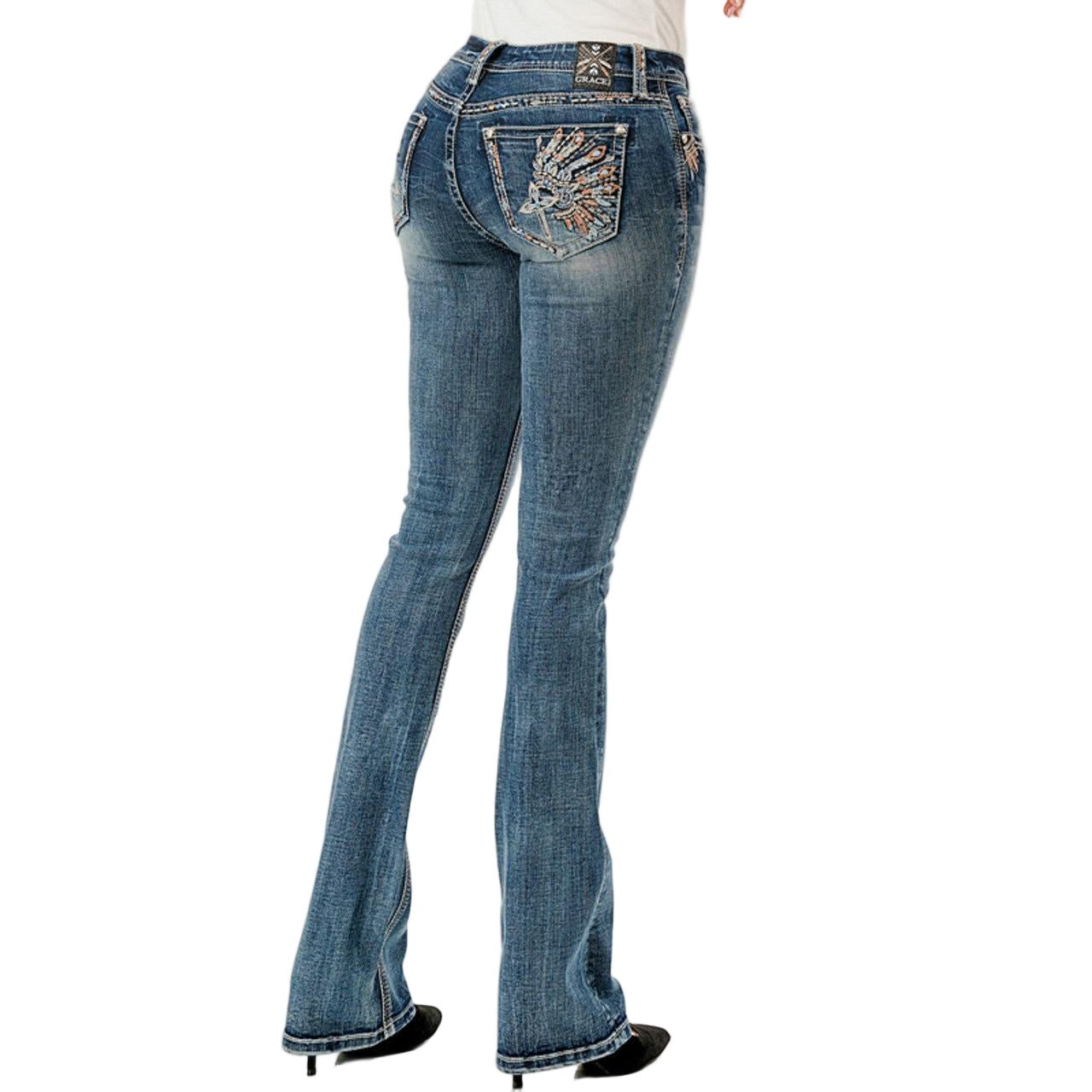 Grace in LA Women's Indian Embellished Midrise Bootcut Jeans - Medium Wash