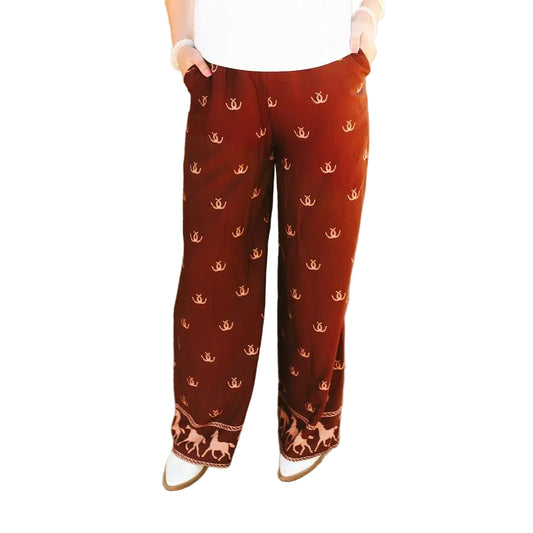 Lucky & Blessed Women's Horseshoe & Running Horse Pants - Brown
