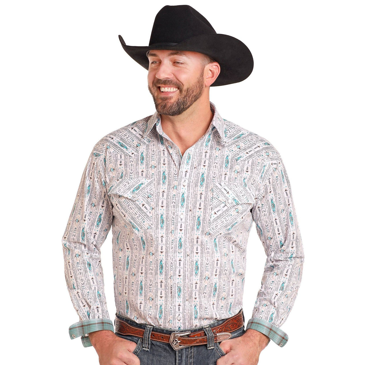 Rock & Roll Men's Aztec Long Sleeve Snap Shirt - Turquoise