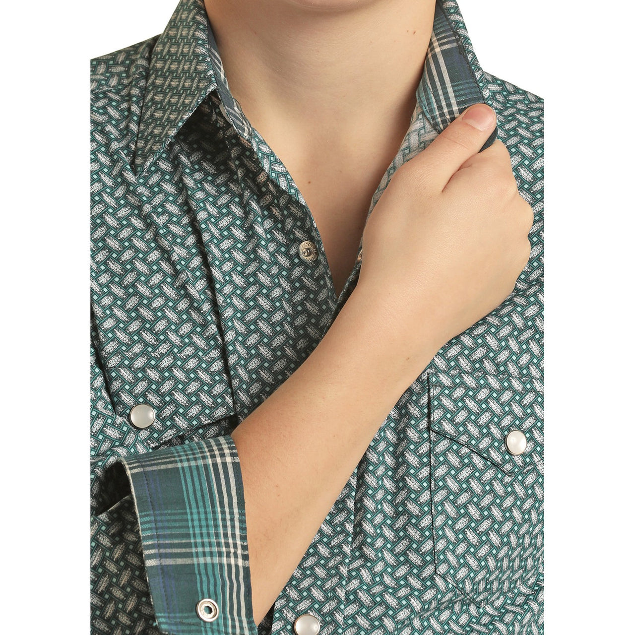 Panhandle Boy's Long Sleeve 2 Pocket All Over Geometric Snap Shirt - Evergreen