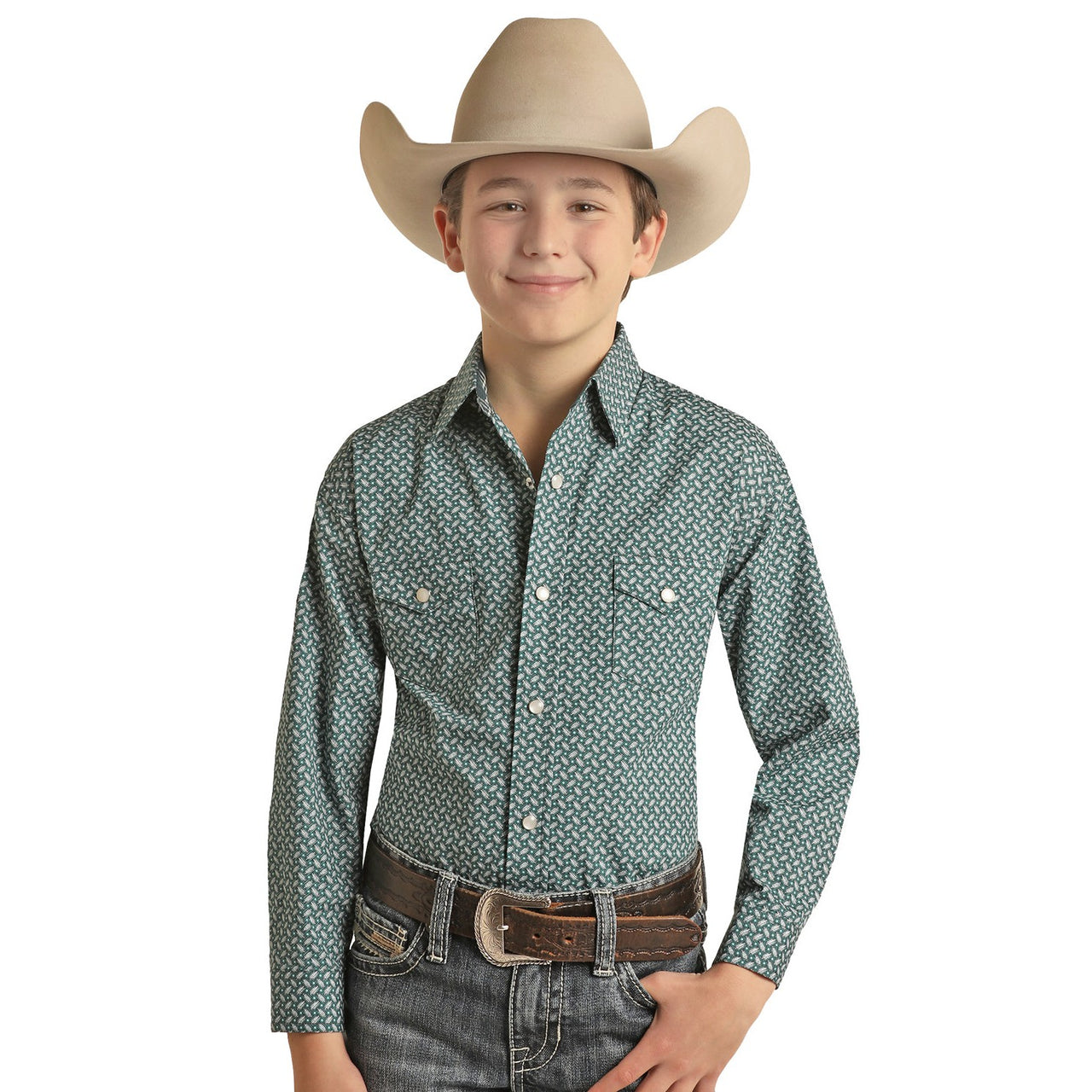 Panhandle Boy's Long Sleeve 2 Pocket All Over Geometric Snap Shirt - Evergreen