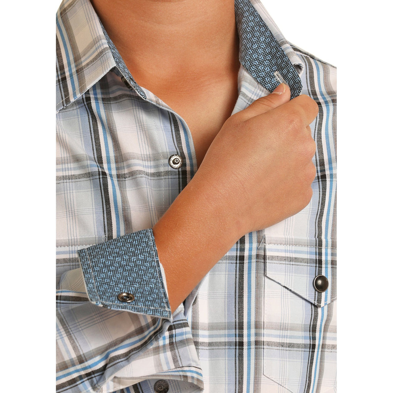 Panhandle Boy's Long Sleeve 2 Pocket Plaid Shirt - Baby Blue