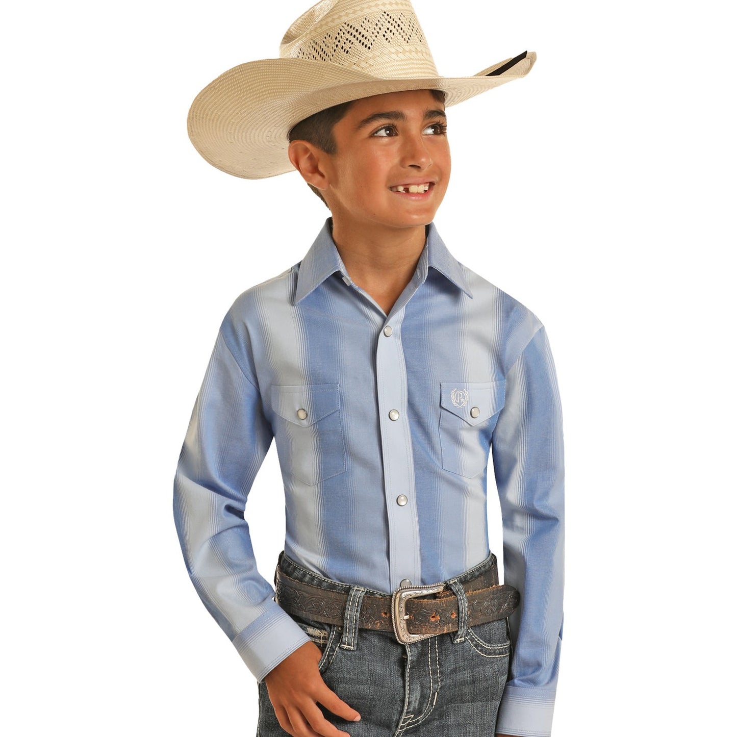 Panhandle Select Boy's Long Sleeve Striped Snap Shirt - Baby Blue