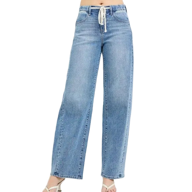 Risen Women's Elastic Band Slouchy Barrel w/ Waist Band String Jeans - Light