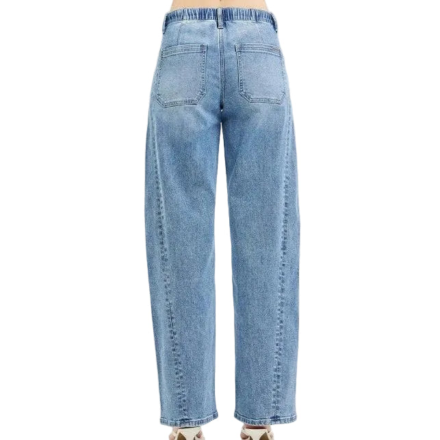 Risen Women's Elastic Band Slouchy Barrel w/ Waist Band String Jeans - Light