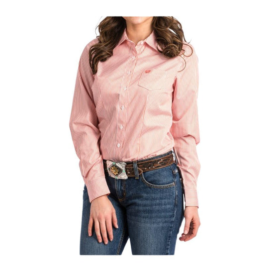 Cinch Women's Long Sleeve Button-Up Shirt - Coral & White Stripe