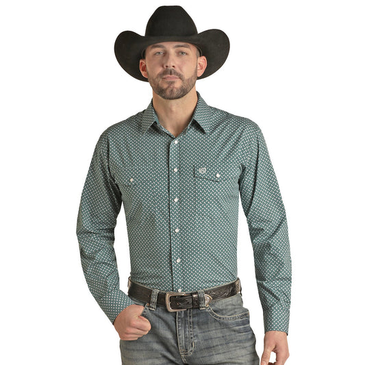 Panhandle Men's Long Sleeve Allover Geometric Button-Down Shirt - Evergreen