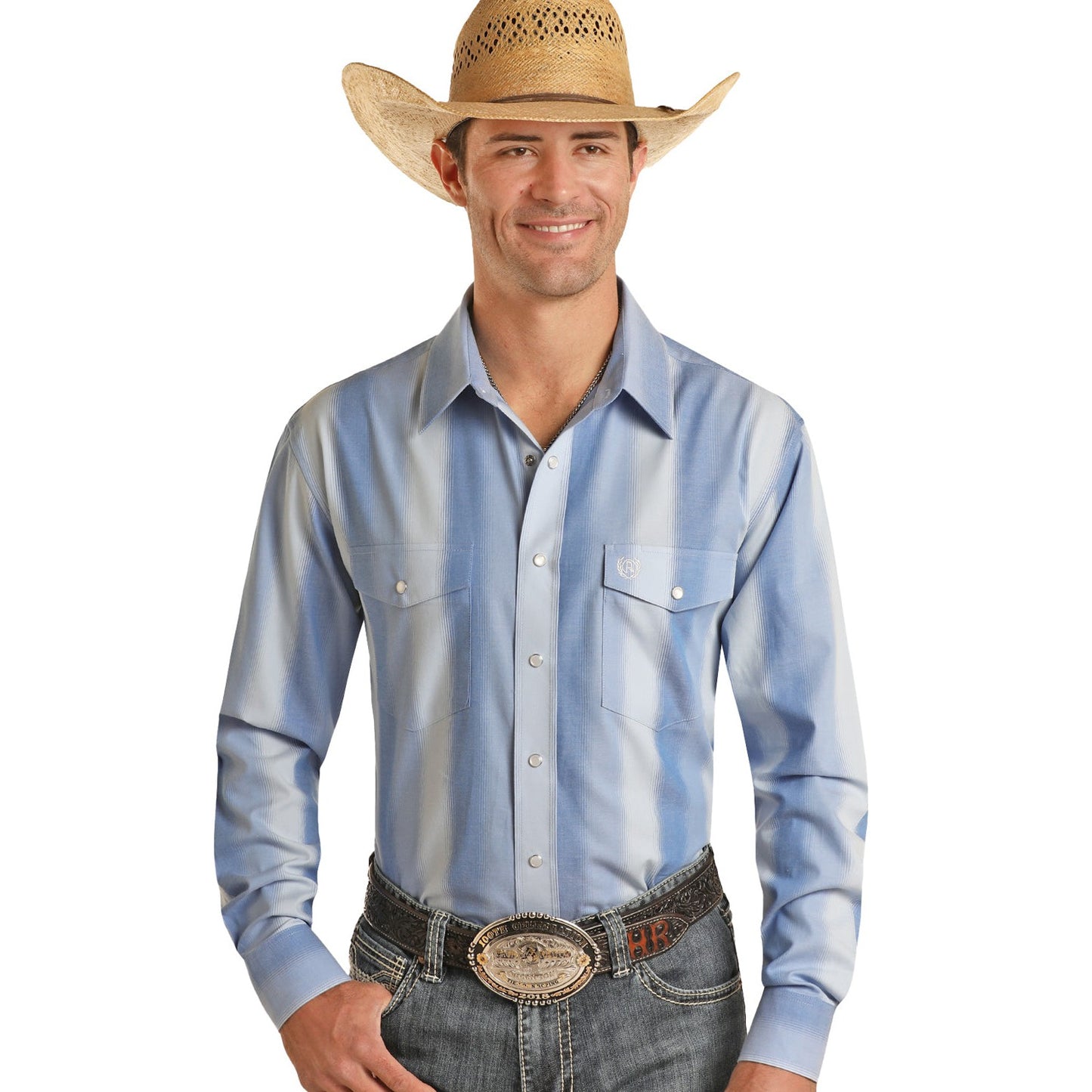 Panhandle Select Men's Long Sleeve 1 Pocket Striped Button Down Shirt - Baby Blue