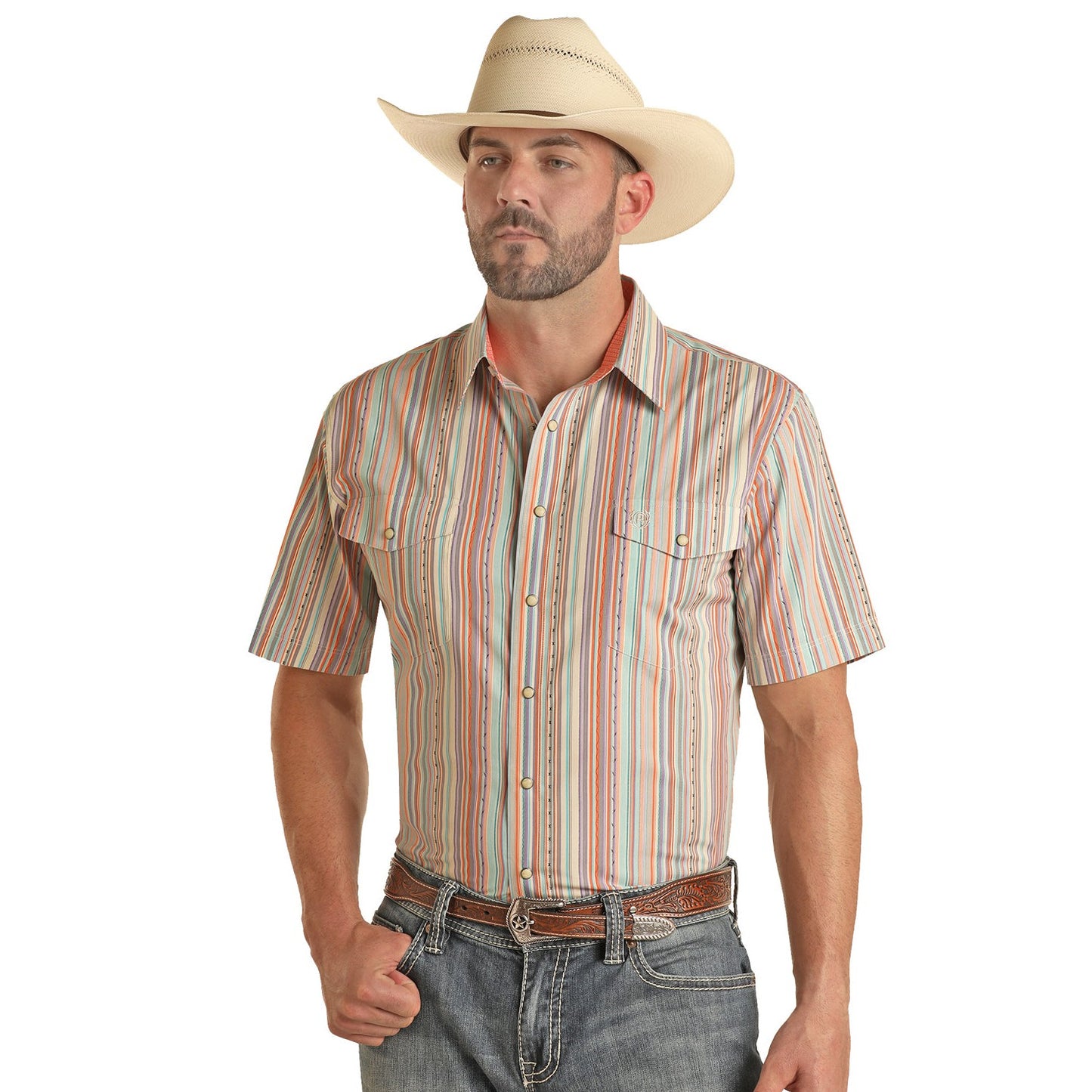 Panhandle Perform Men's Striped Snap Short Sleeve - Coral