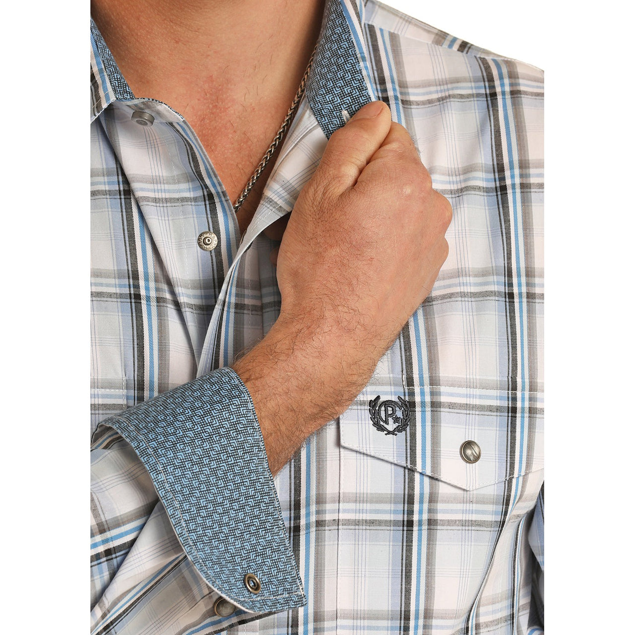 Panhandle Men's Long Sleeve 2 Pocket Plaid Snap Shirt - Baby Blue