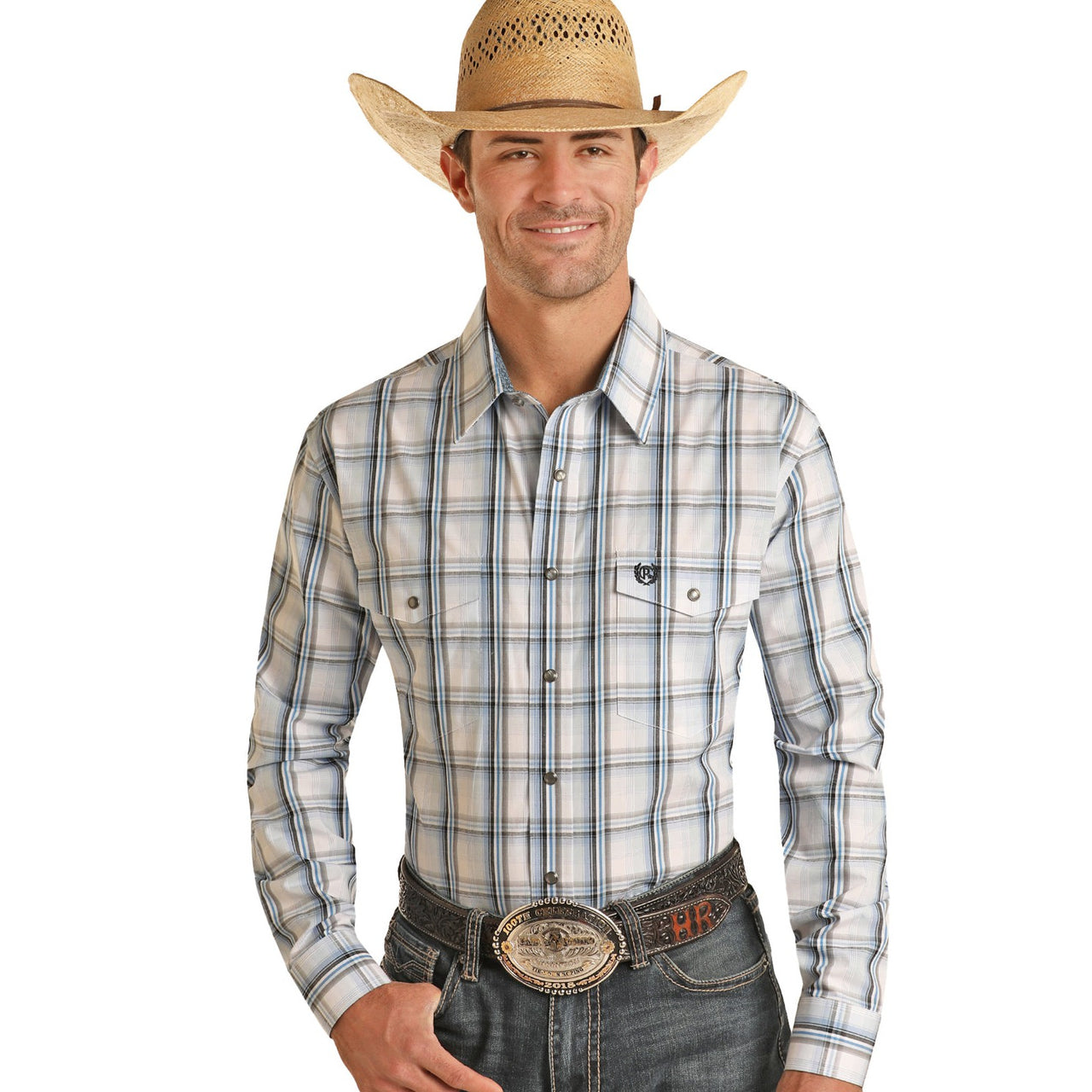 Panhandle Men's Long Sleeve 2 Pocket Plaid Snap Shirt - Baby Blue