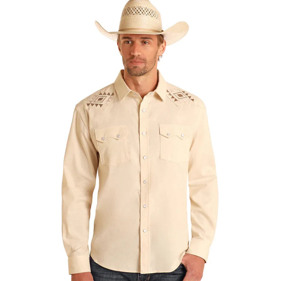 Panhandle Men's Long Sleeve Aztec Embroidered Shirt- Natural