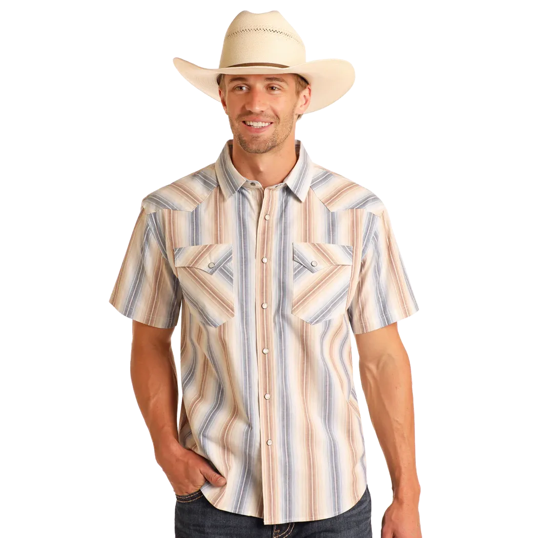 Panhandle Men's Modern Vintage Striped Short Sleeve Snap Shirt-Tan