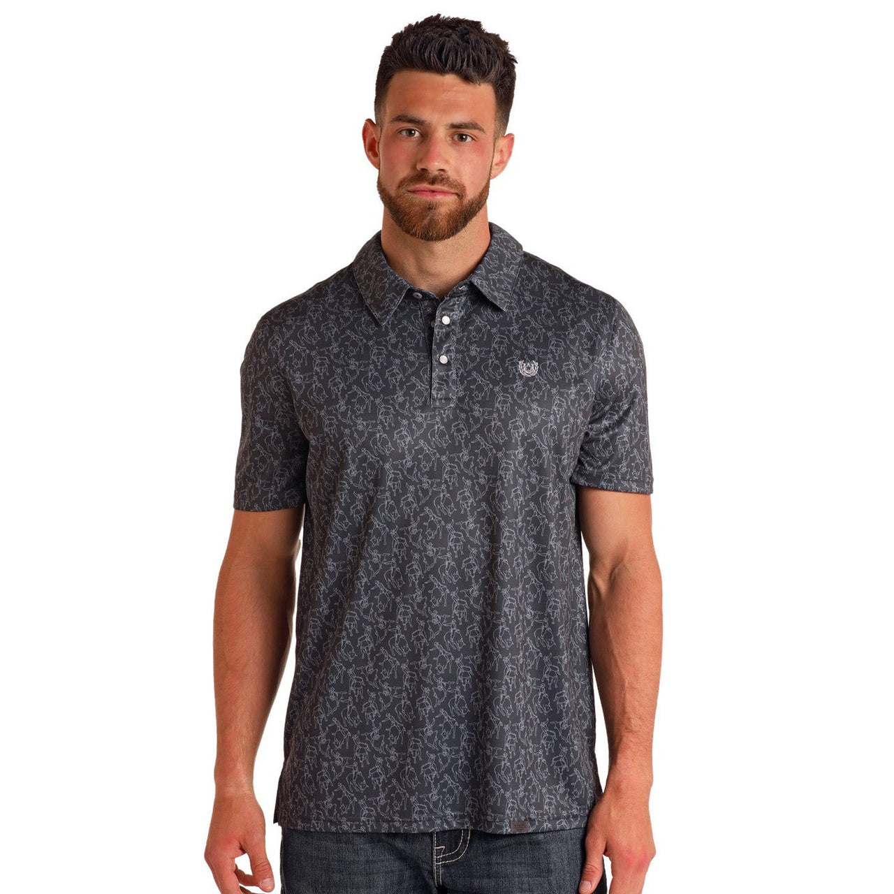 Panhandle Men's Polo Snap Shirt - Black with Pattern