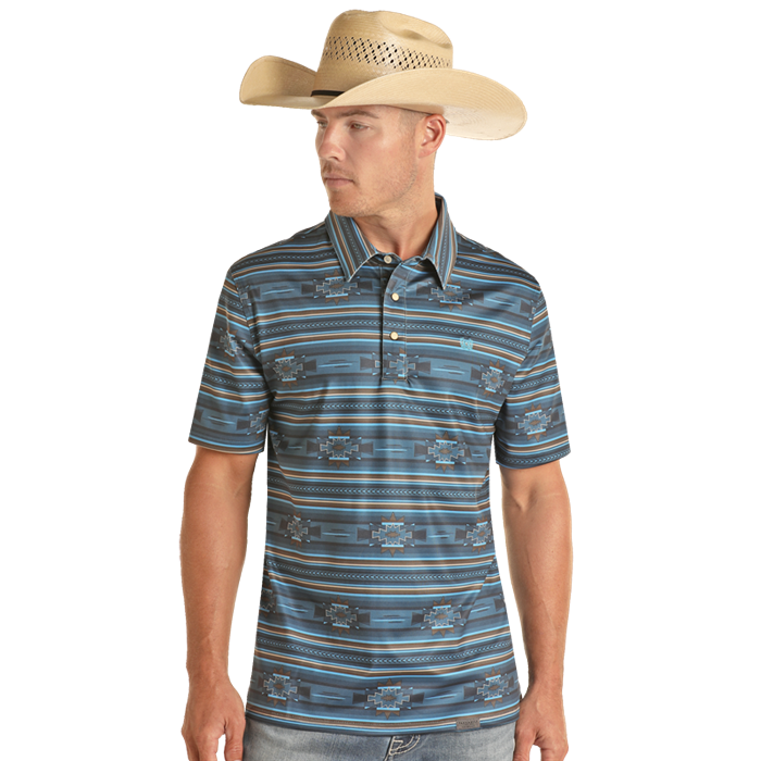 Panhandle Performance SS Aztec Serape Snap Knit Polo Shirt - Navy