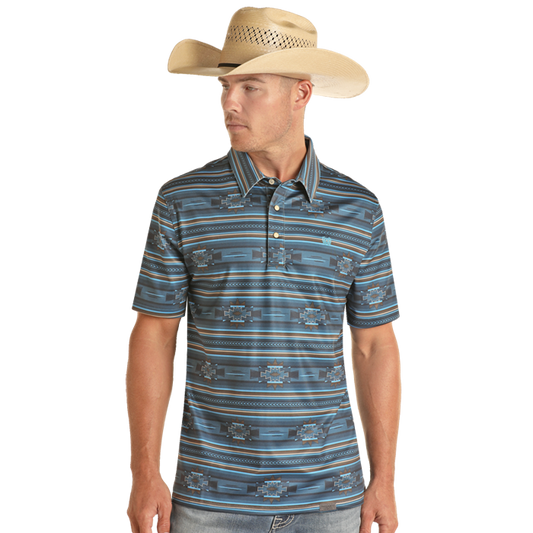 Panhandle Performance SS Aztec Serape Snap Knit Polo Shirt - Navy