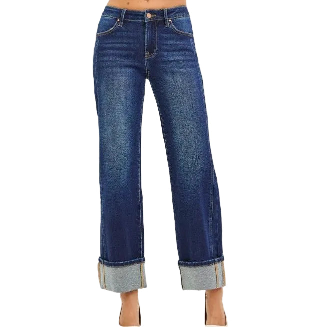 Risen Women's Mid Rise Anke Straight w/ Cuffed Hem Jeans - Deep Blue