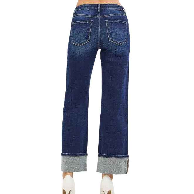 Risen Women's Mid Rise Anke Straight w/ Cuffed Hem Jeans - Deep Blue