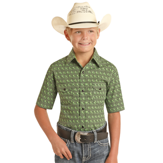 Panhandle Boy's Short Sleeve Geo Snap Shirt - Kelly Green