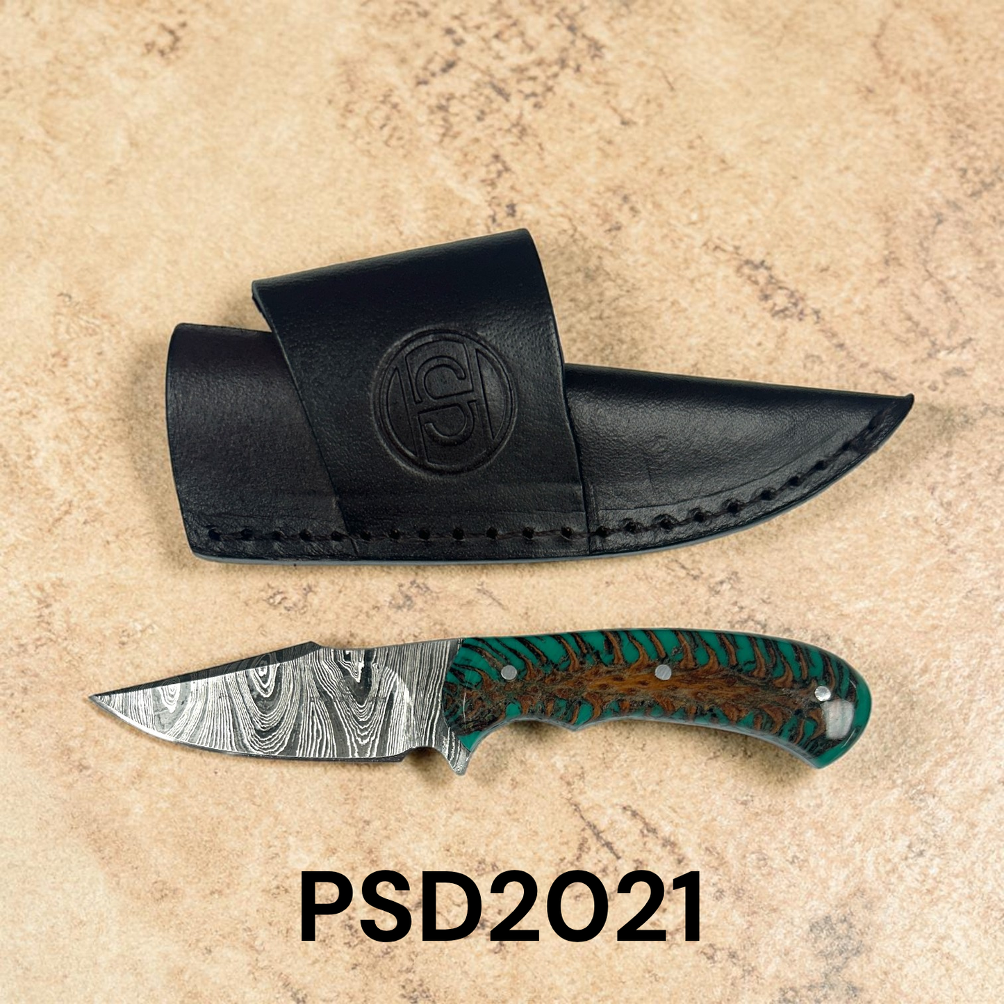 Circle SH Damascus Bone Handle w/ Pinecone Resin Grip Knife