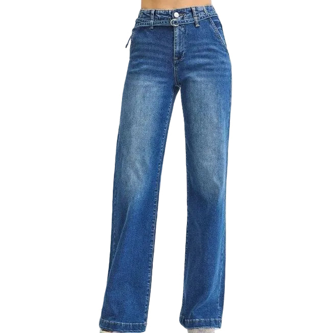Risen Women's High Rise Wide Leg Belted Jeans - Dark