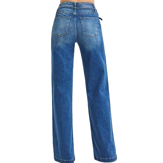 Risen Women's High Rise Wide Leg Belted Jeans - Dark