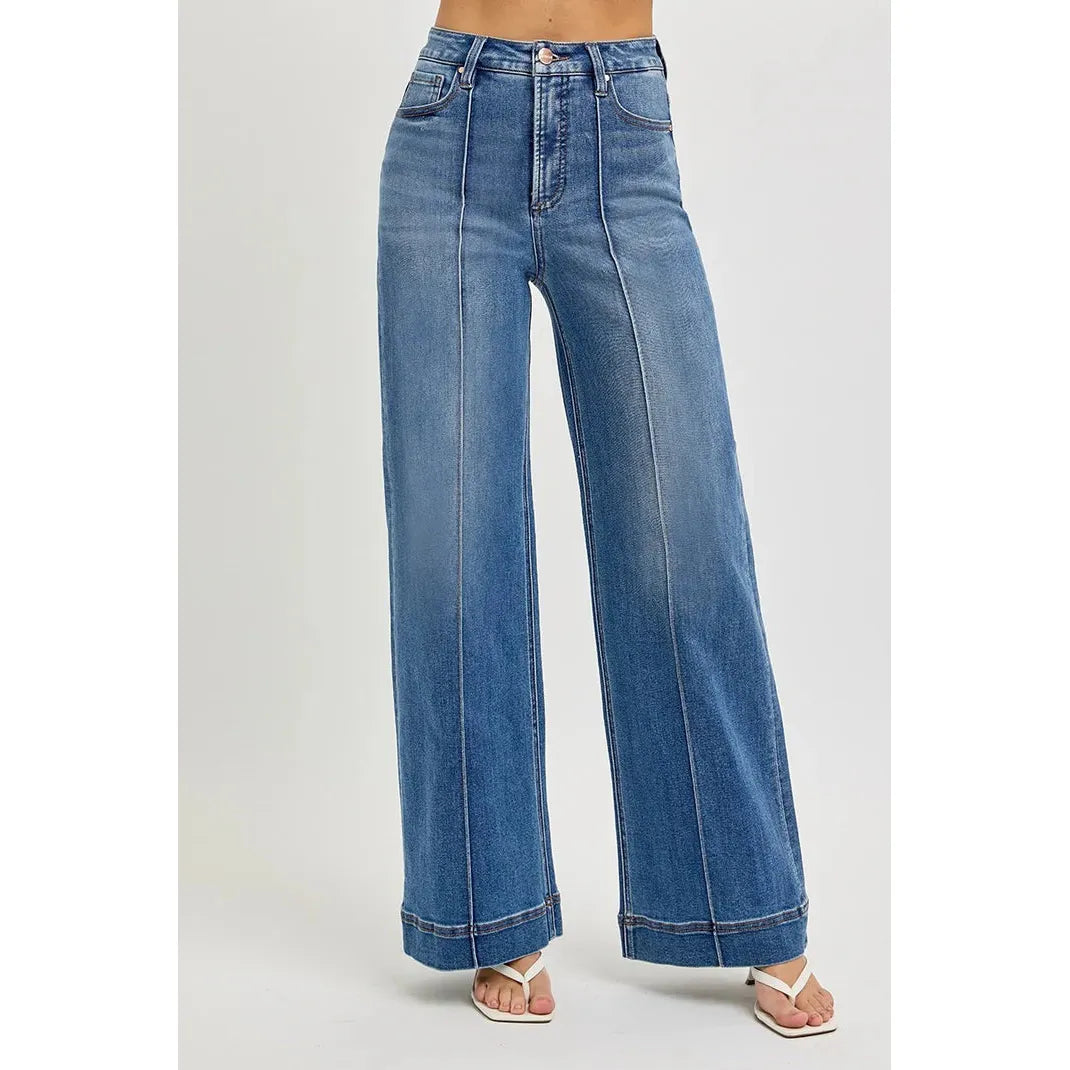 Risen Women's Tummy Control High Rise Ankle Wide Front Pintuck Jeans - Medium - Irvine Tack & Western Wear