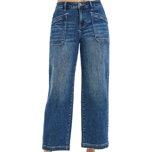 Risen Women's Slouchy Cropped Baggy w/ Front Patch Pocket Detail Jeans - Dark