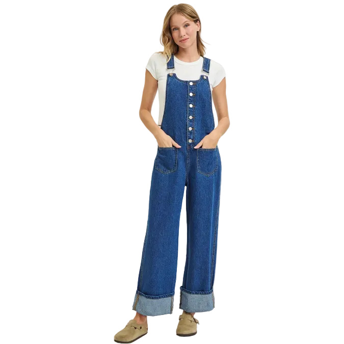 Risen Women's Button Down Ankle Wide Cuffed Overalls - Indigo - Irvine Tack & Western Wear