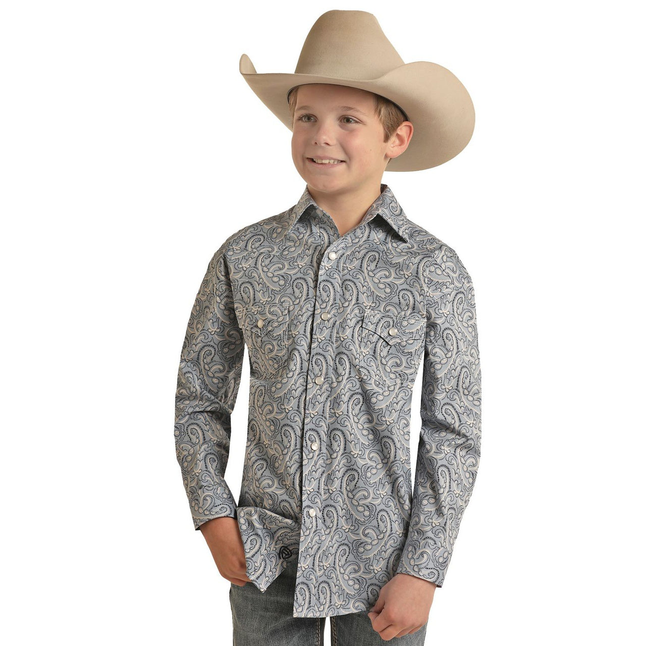 Rock & Roll Boy's Long Sleeve 2 Pocket Paisley Woven Snap Shirt - Blue