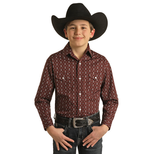 Rock & Roll Boy's Long Sleeve 2 Pocket Snap Shirt - Burgundy
