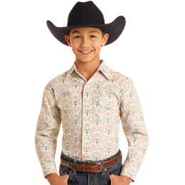 Panhandle Boys's Roughstock Steer Head Printed Long Sleeve Shirt- Natural