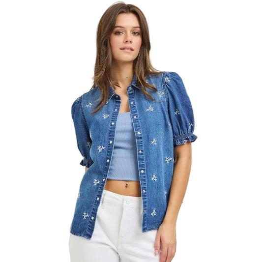 Risen Women's Puffed Sleeve Leaf Embroidered Shirt - Medium