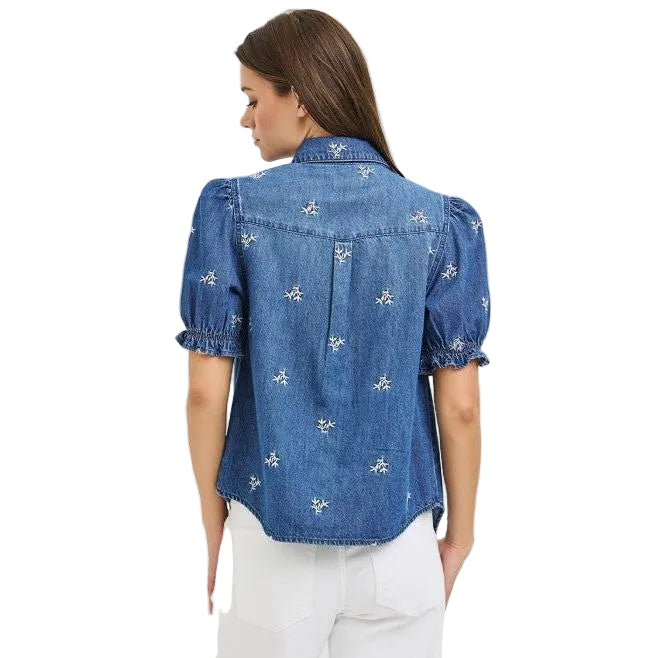 Risen Women's Puffed Sleeve Leaf Embroidered Shirt - Medium