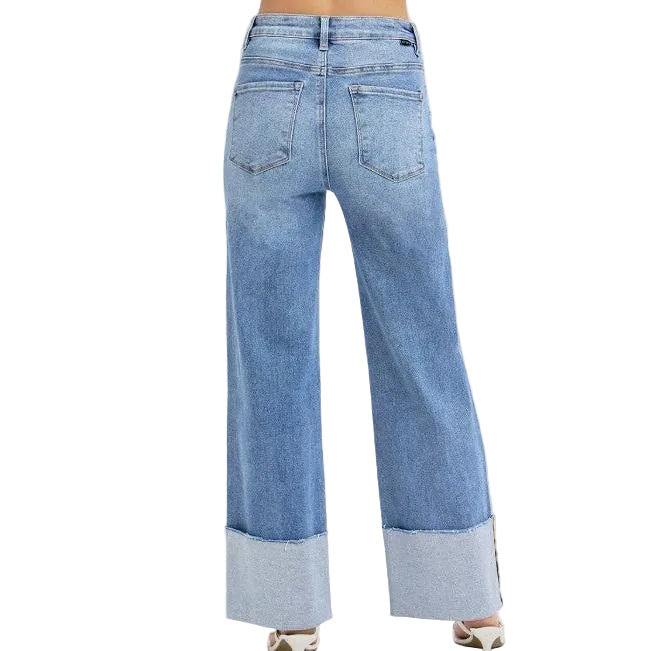Risen Women's High Rise Ankle Wide Cuffed Jeans - Medium