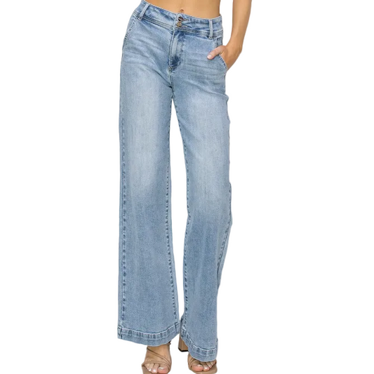 Risen Women's High Rise Double Button Wide Jeans - Light - Irvine Tack & Western Wear