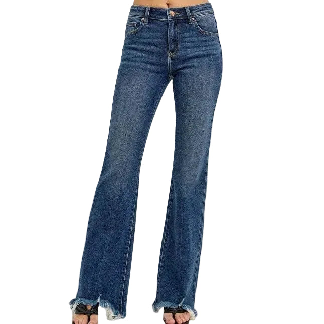 Risen Women's Mid Rise Flare Frayed Hem Jeans - Dark