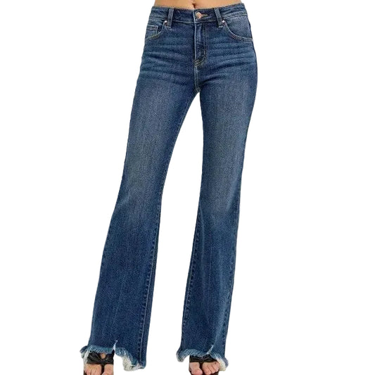 Risen Women's Mid Rise Flare Frayed Hem Jeans - Dark