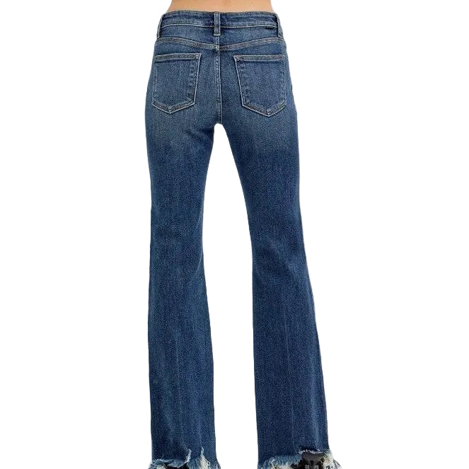 Risen Women's Mid Rise Flare Frayed Hem Jeans - Dark