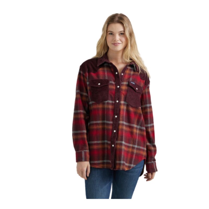 Wrangler Women's Long Sleeve Boyfriend Shirt- Red