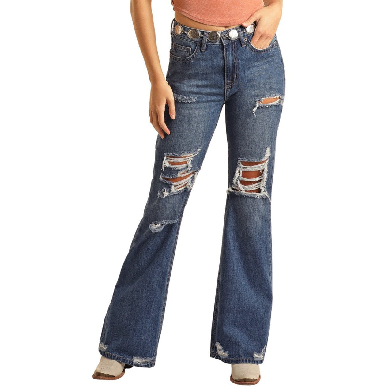 Rock & Roll Women's Relaxed Flare Jeans with Tears - Medium Wash