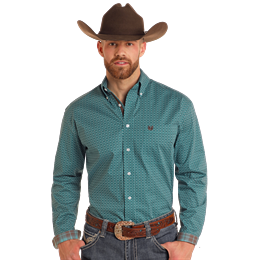 Panhandle Men's Long Sleeve Patterned Western Shirt- Turquoise