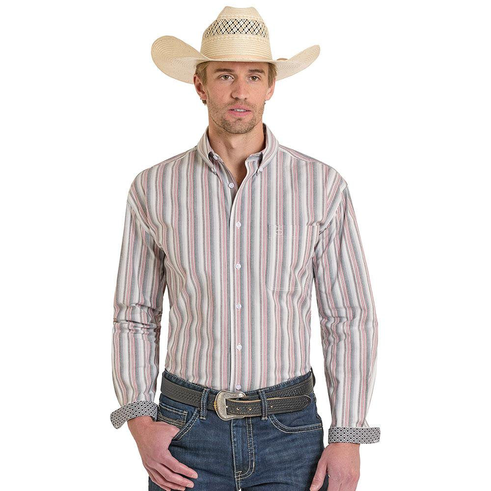 Panhandle Men's Long Sleeve Button Down Stripe Shirt - Maroon