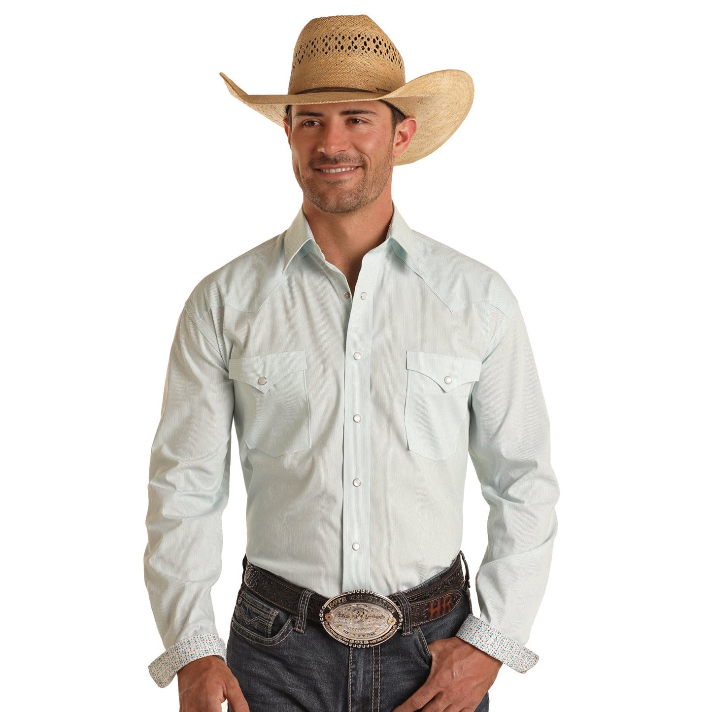 Rock & Roll Men's Long Sleeve Snap Shirt - Turquoise